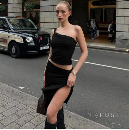 River One-Shoulder Lace Skirt Set