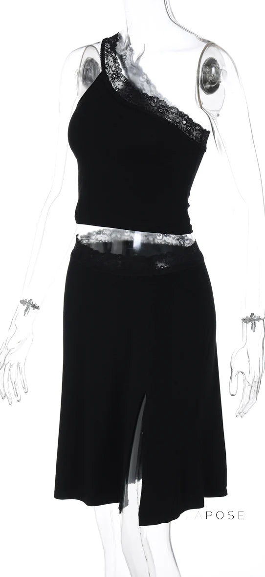 River One-Shoulder Lace Skirt Set