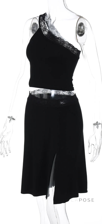 River One-Shoulder Lace Skirt Set
