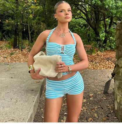 Striped Knit Halter Short Set