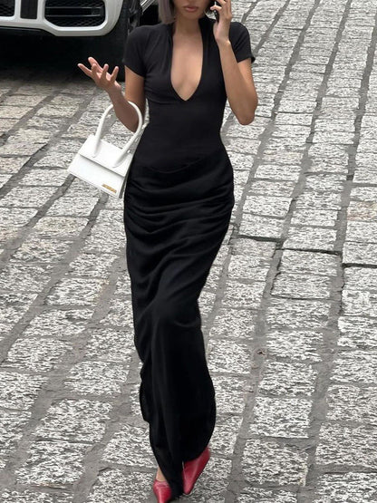 Susanna Deep V Ruched Maxi Dress