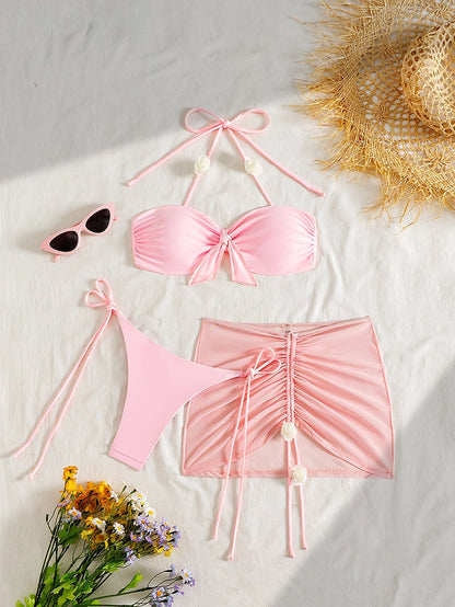 Three-Piece Halter Bikini & Skirt Set