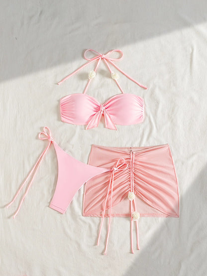 Three-Piece Halter Bikini & Skirt Set