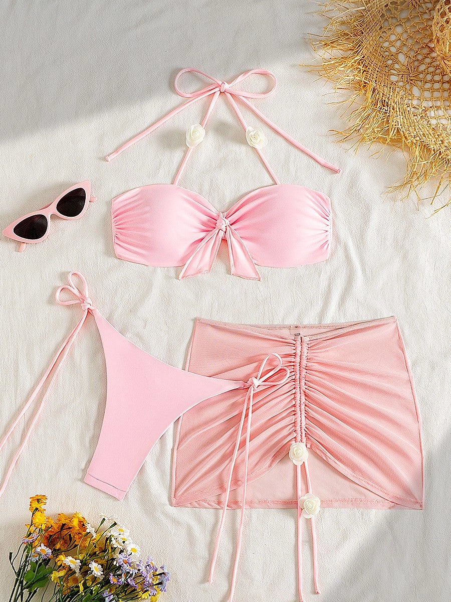 Three-Piece Halter Bikini & Skirt Set