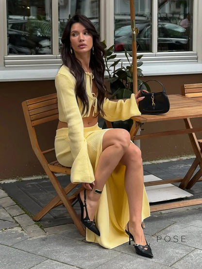 Timber Lace-Up Bell-Sleeve Skirt Set