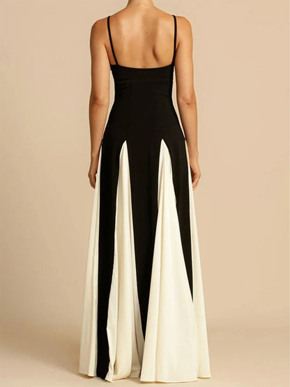 Spaghetti Strap Sweetheart Godet Pleated Panel Fit and Flare Maxi Gown
