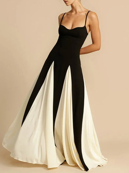 Spaghetti Strap Sweetheart Godet Pleated Panel Fit and Flare Maxi Gown