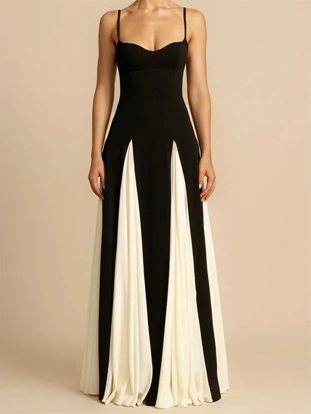 Spaghetti Strap Sweetheart Godet Pleated Panel Fit and Flare Maxi Gown