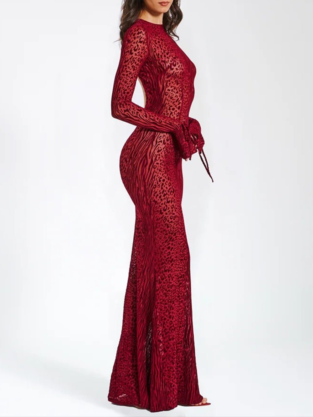 Mixed Spot Print Split Design Mesh Long Sleeve Bodycon Maxi Dress