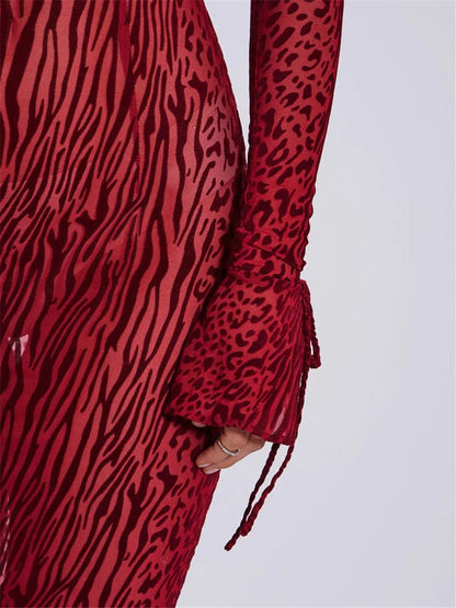 Mixed Spot Print Split Design Mesh Long Sleeve Bodycon Maxi Dress