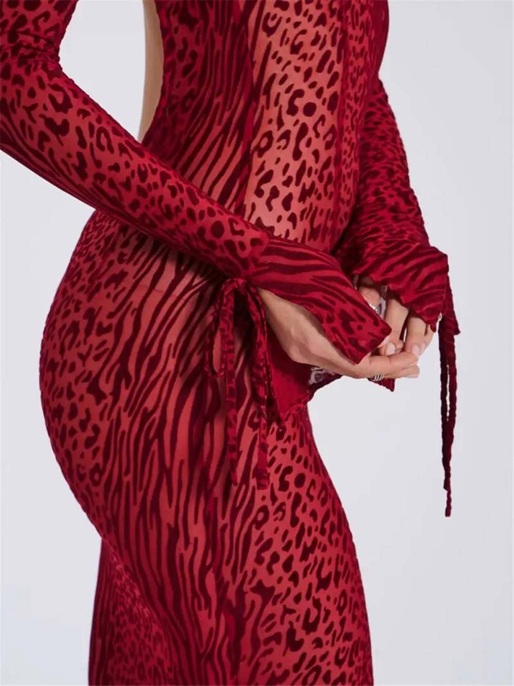 Mixed Spot Print Split Design Mesh Long Sleeve Bodycon Maxi Dress