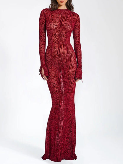 Mixed Spot Print Split Design Mesh Long Sleeve Bodycon Maxi Dress