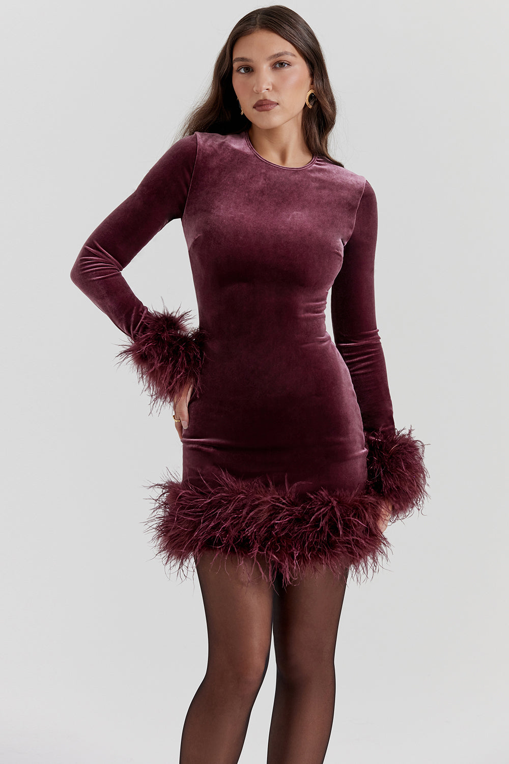 Velvet Long Sleeve Feather Trim Bodycon Mini Cocktail Dress