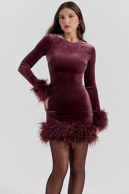 Velvet Long Sleeve Feather Trim Bodycon Mini Cocktail Dress