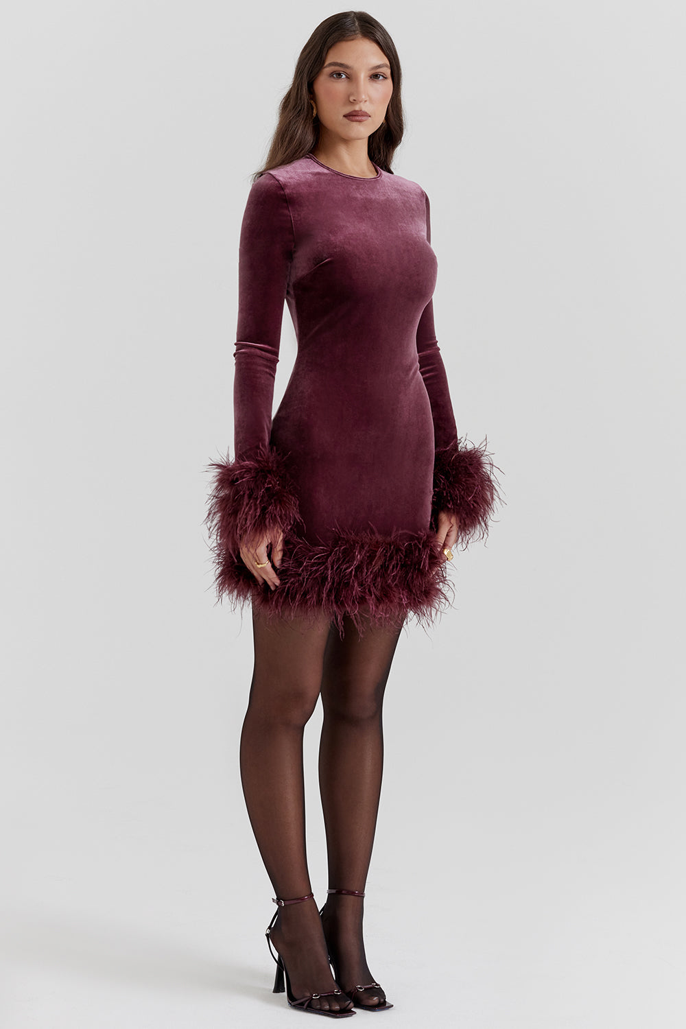 Velvet Long Sleeve Feather Trim Bodycon Mini Cocktail Dress