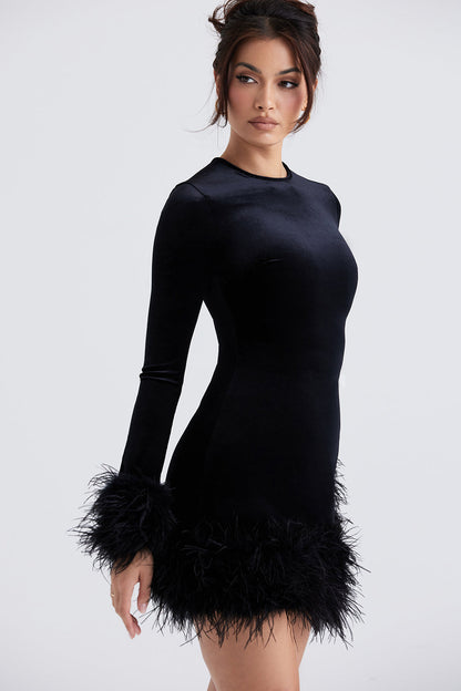 Velvet Long Sleeve Feather Trim Bodycon Mini Cocktail Dress