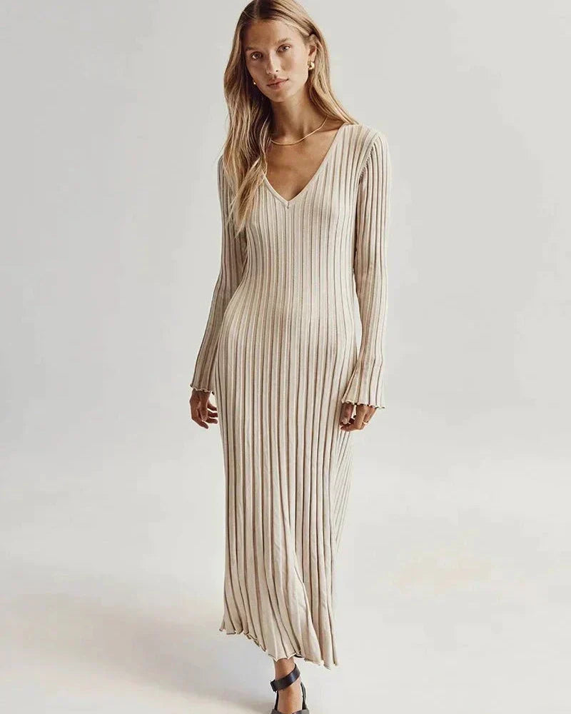 Rib Knit Deep V-Neck Long Sleeve Ruffle Cuff Trumpet Hem Maxi Dress