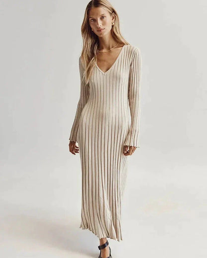 Rib Knit Deep V-Neck Long Sleeve Ruffle Cuff Trumpet Hem Maxi Dress