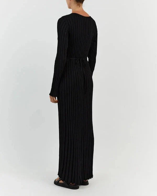 Rib Knit Deep V-Neck Long Sleeve Ruffle Cuff Trumpet Hem Maxi Dress