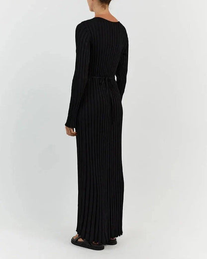 Rib Knit Deep V-Neck Long Sleeve Ruffle Cuff Trumpet Hem Maxi Dress