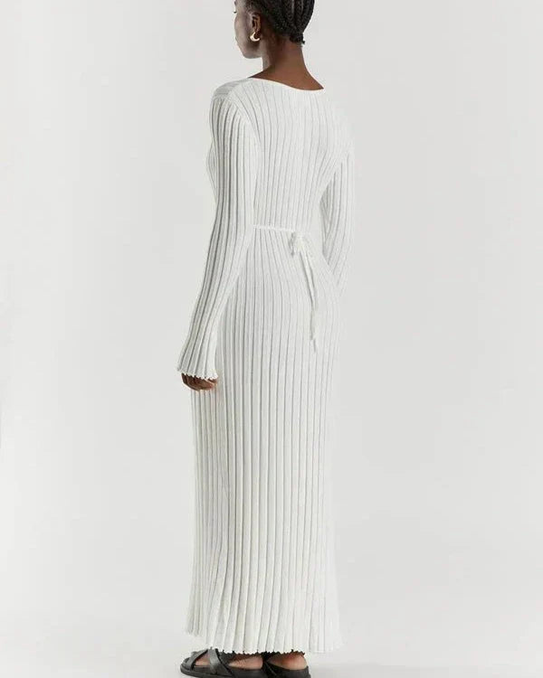 Rib Knit Deep V-Neck Long Sleeve Ruffle Cuff Trumpet Hem Maxi Dress