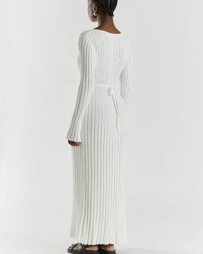 Rib Knit Deep V-Neck Long Sleeve Ruffle Cuff Trumpet Hem Maxi Dress