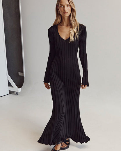 Rib Knit Deep V-Neck Long Sleeve Ruffle Cuff Trumpet Hem Maxi Dress