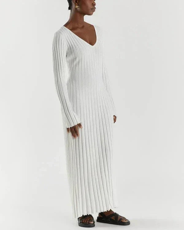 Rib Knit Deep V-Neck Long Sleeve Ruffle Cuff Trumpet Hem Maxi Dress