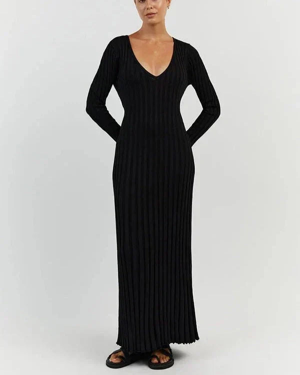 Rib Knit Deep V-Neck Long Sleeve Ruffle Cuff Trumpet Hem Maxi Dress