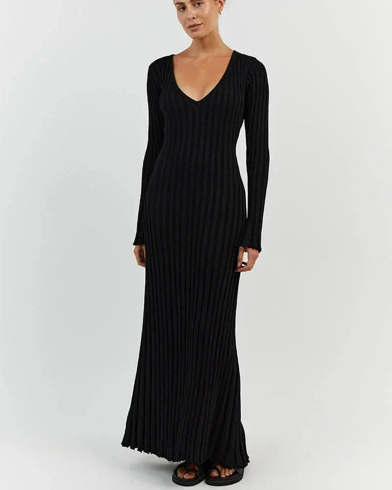 Rib Knit Deep V-Neck Long Sleeve Ruffle Cuff Trumpet Hem Maxi Dress