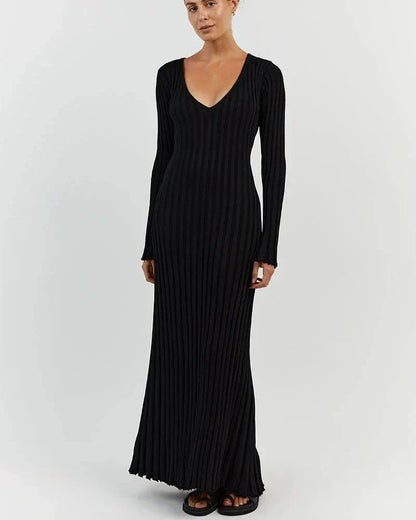 Rib Knit Deep V-Neck Long Sleeve Ruffle Cuff Trumpet Hem Maxi Dress