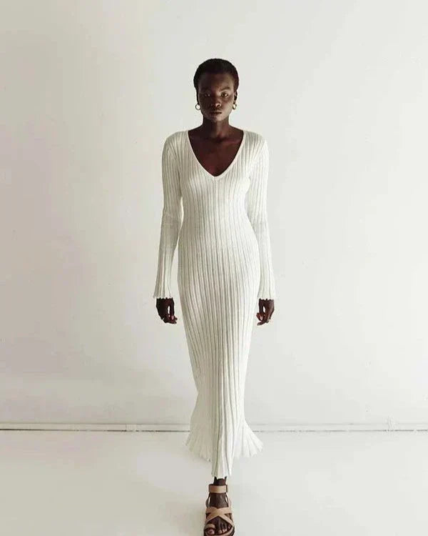 Rib Knit Deep V-Neck Long Sleeve Ruffle Cuff Trumpet Hem Maxi Dress