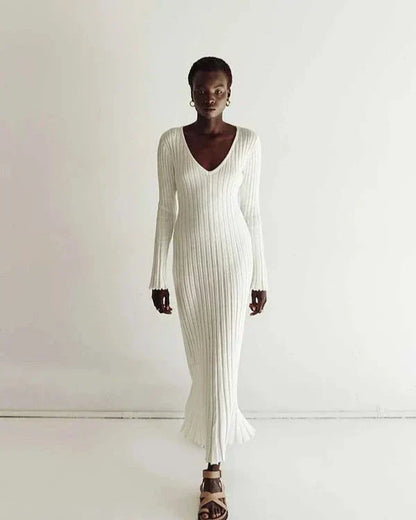 Rib Knit Deep V-Neck Long Sleeve Ruffle Cuff Trumpet Hem Maxi Dress