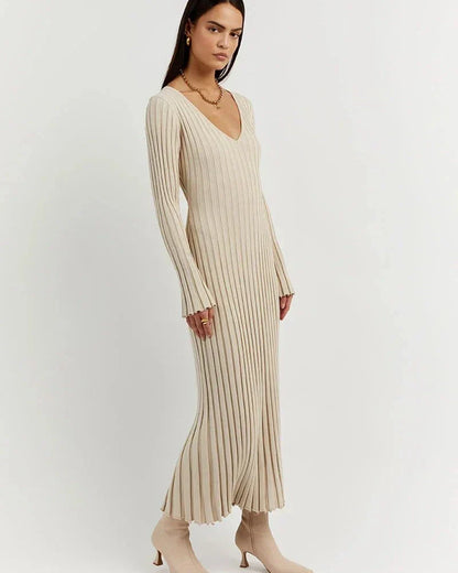Rib Knit Deep V-Neck Long Sleeve Ruffle Cuff Trumpet Hem Maxi Dress