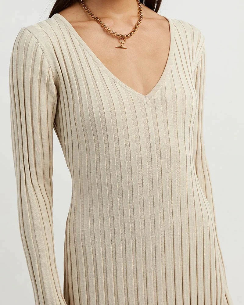 Rib Knit Deep V-Neck Long Sleeve Ruffle Cuff Trumpet Hem Maxi Dress