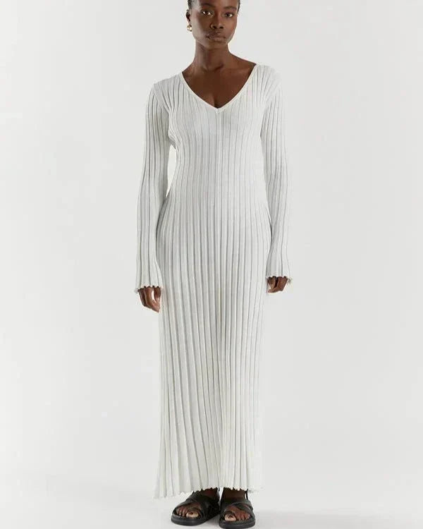 Rib Knit Deep V-Neck Long Sleeve Ruffle Cuff Trumpet Hem Maxi Dress