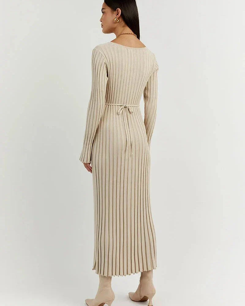 Rib Knit Deep V-Neck Long Sleeve Ruffle Cuff Trumpet Hem Maxi Dress