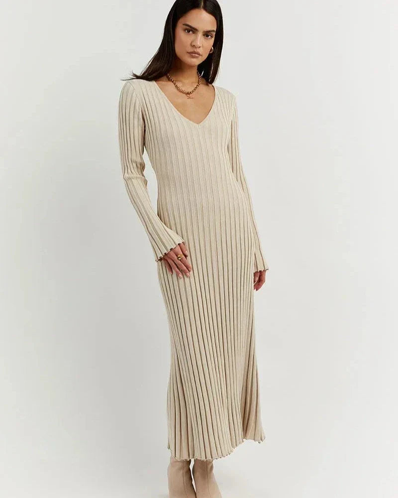 Rib Knit Deep V-Neck Long Sleeve Ruffle Cuff Trumpet Hem Maxi Dress