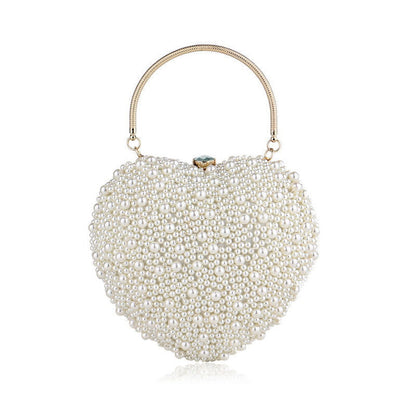 Beige Heart Shaped Bag with Faux Pearl and Crystal Details