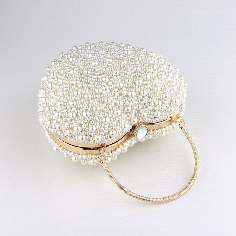 Beige Heart Shaped Bag with Faux Pearl and Crystal Details