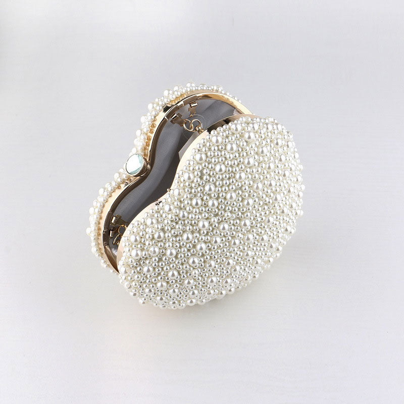 Beige Heart Shaped Bag with Faux Pearl and Crystal Details