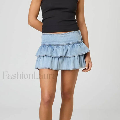 Layered Denim Ruffle Mini Skirt