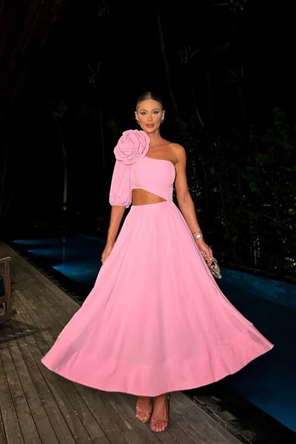 One Shoulder Puff Sleeve Rosette Applique Waist Cut Out Midi Dress
