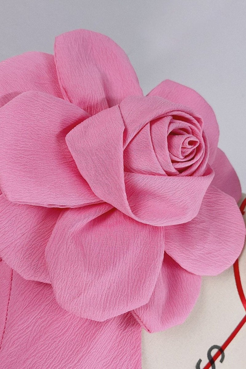 One Shoulder Puff Sleeve Rosette Applique Waist Cut Out Midi Dress