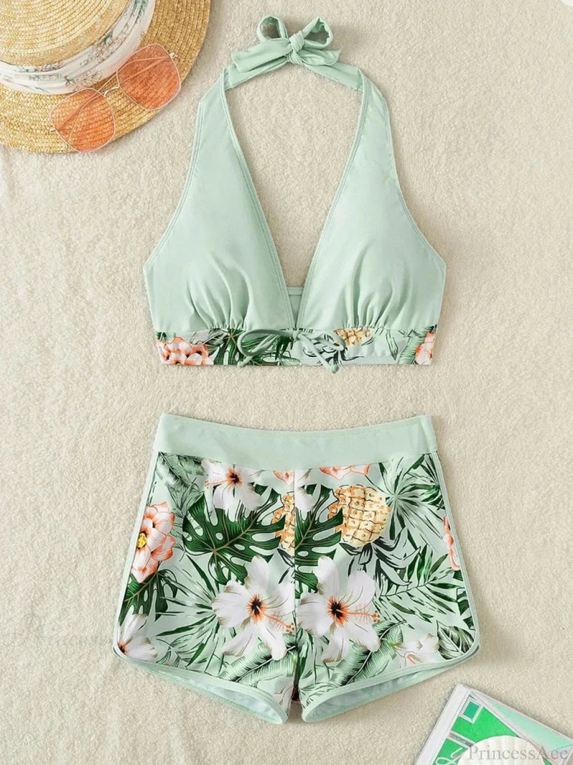 Leaf Print Knot Front Halter Two Piece Set