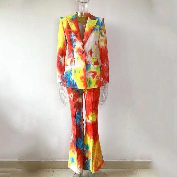 KittenAlarm - Leather Allover Paint Print Blazer Top & Pants Set
