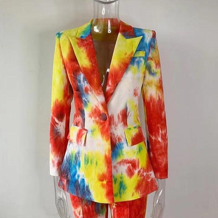KittenAlarm - Leather Allover Paint Print Blazer Top & Pants Set