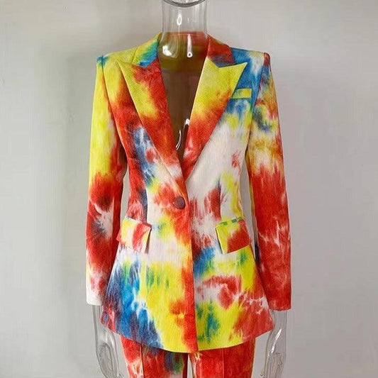 KittenAlarm - Leather Allover Paint Print Blazer Top & Pants Set