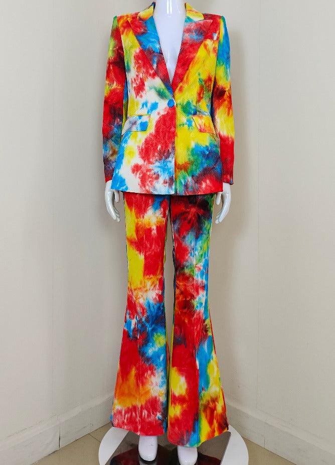 KittenAlarm - Leather Allover Paint Print Blazer Top & Pants Set