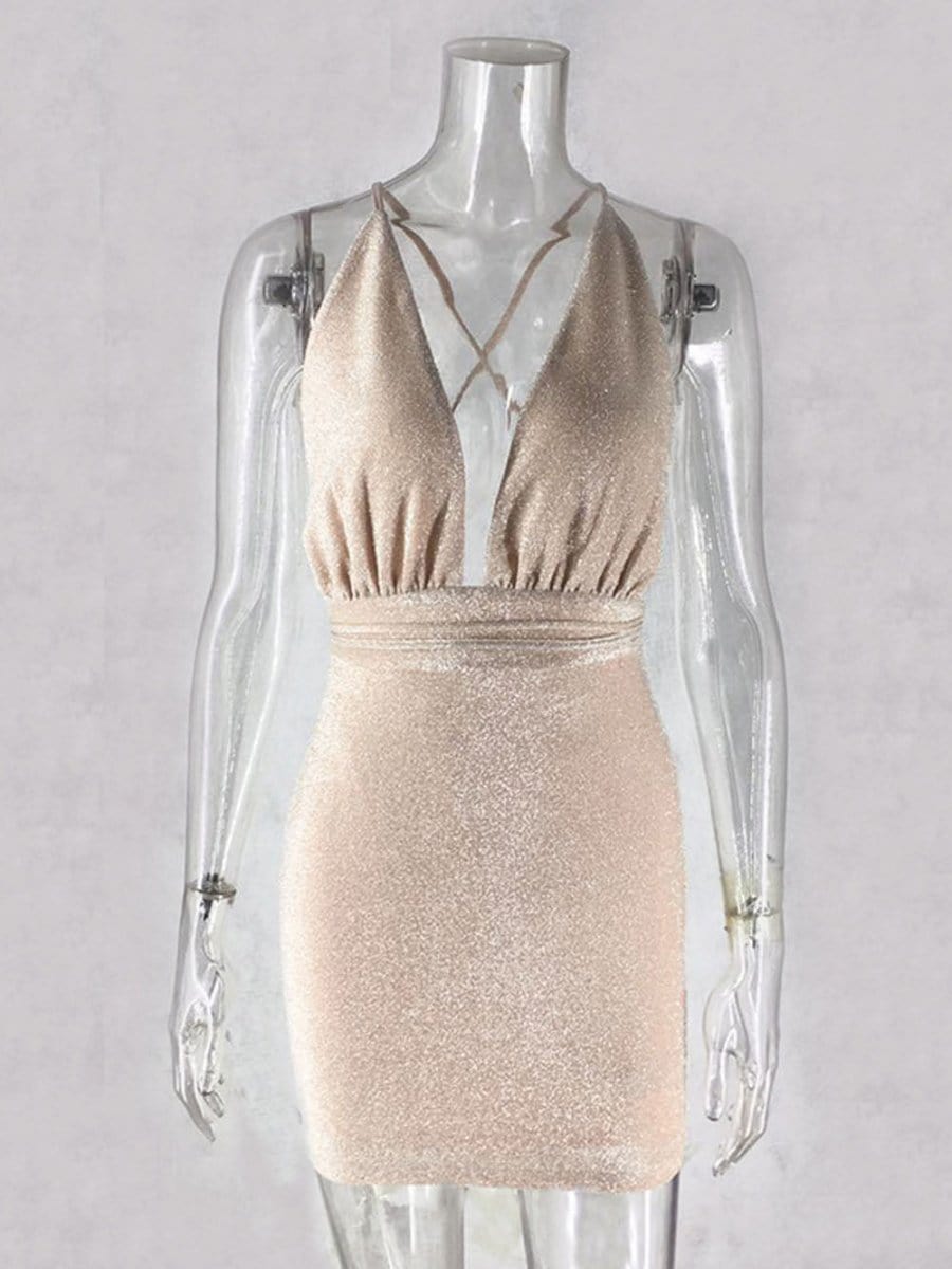 Glitter Halter Deep V-Neck Plunging Bodycon Mini Dress